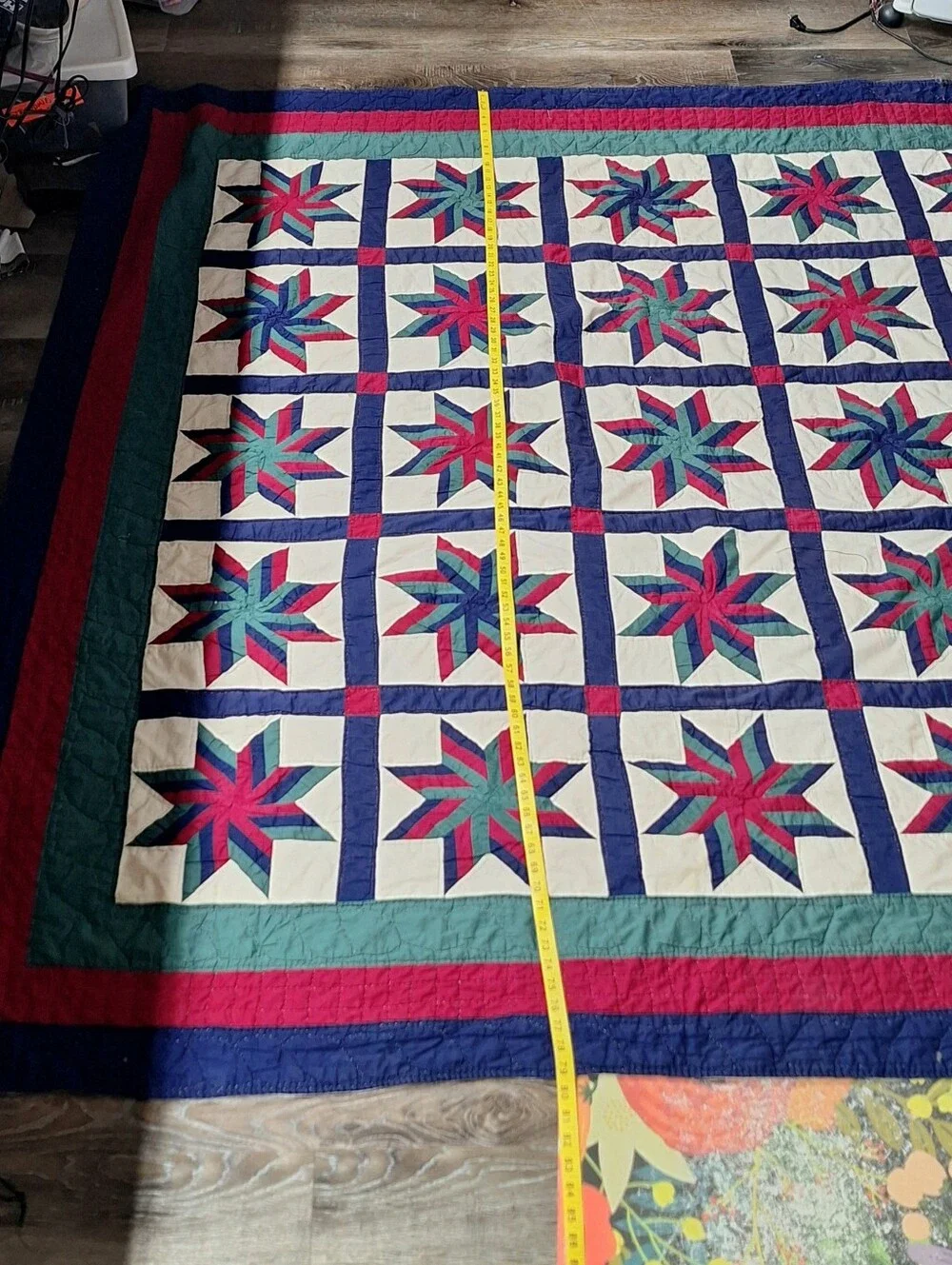 Handmade Vintage "LeMoyne Star or Blazing Star" Patriotic Quilt, 80 X 80 - Picture 8 of 13
